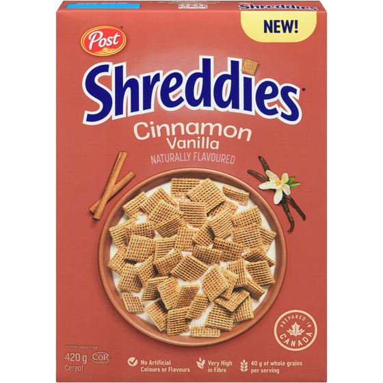 Post Shreddies Cereal Cinnamon Vanilla 420 g, $0.95/100g