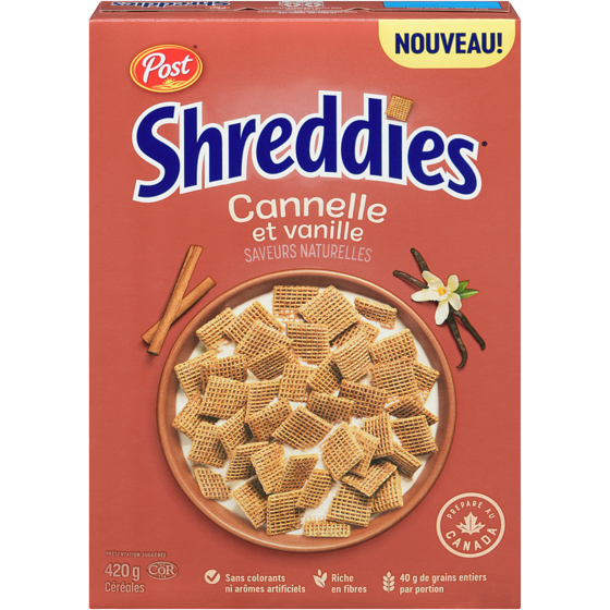 Post Shreddies céréales cannelle et vanille 420 g, 1,07 $/100g