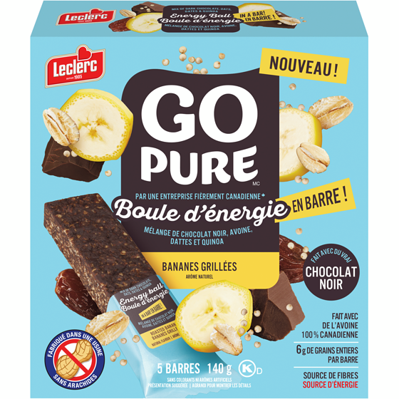 Leclerc Boule d'énergie en barre bananes grillées 140 g, 3,06 $/100g