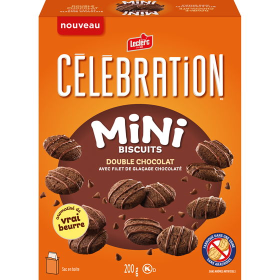 Leclerc Mini biscuits double chocolat avec filet de glaçage chocolaté 200 g, 2,90 $/100g