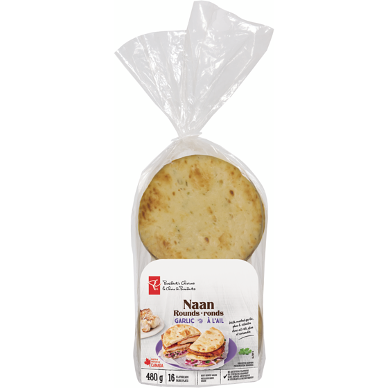 President's Choice Garlic Naan Rounds 480 g, $0.83/100g