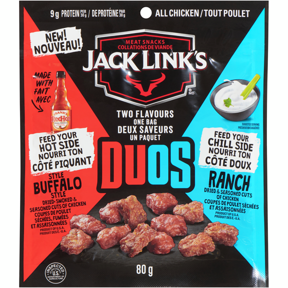 Jack Link’s Bouchées de poulet duos tout poulet 80 g, 9,99 $/100g