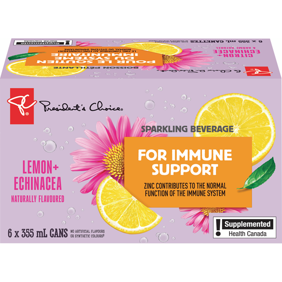 President's Choice Lemon + Echinacea Flavoured Sparkling Beverage with Zinc for Immune Support 6x355.0 ml, $0.33/100ml