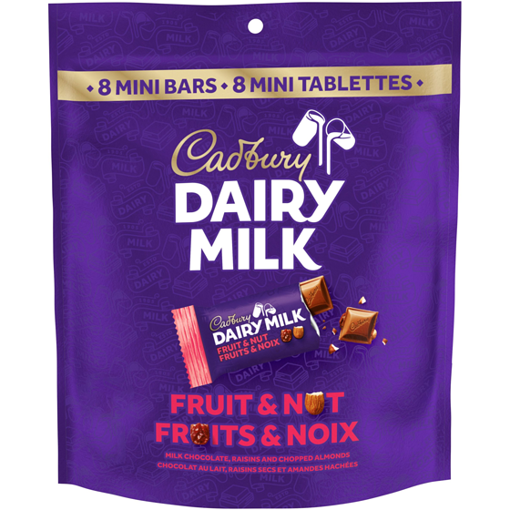 Cadbury DAIRY MILK, tablette de chocolat aux fruits et aux noix, sac de 8 mini-tablettes 144 g, 4,85 $/100g
