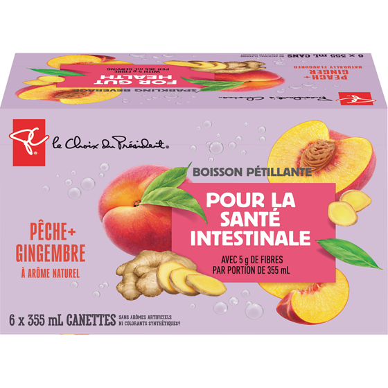 le Choix du Président Boisson pétillante aromatisée à la pêche et au gingembre avec fibres pour la santé intestinale 6x355.0 ml, 0,28 $/100ml