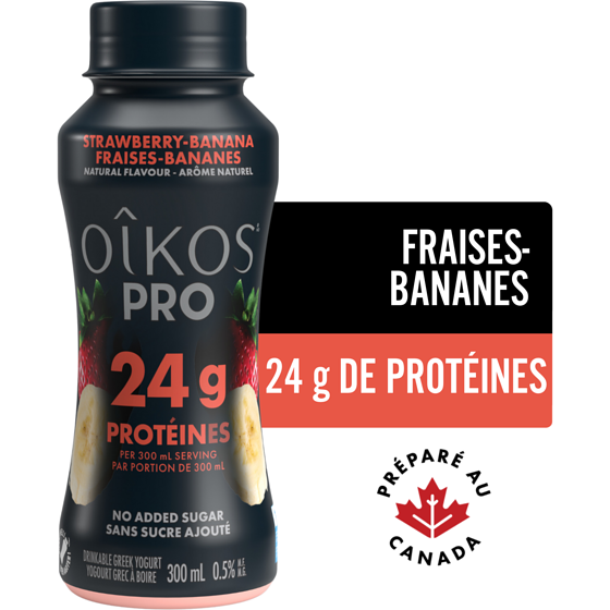 Oikos Pro yogourt à boire protéiné, teneur élevée en protéines, fraises bananes 300 ml, 1,17 $/100ml