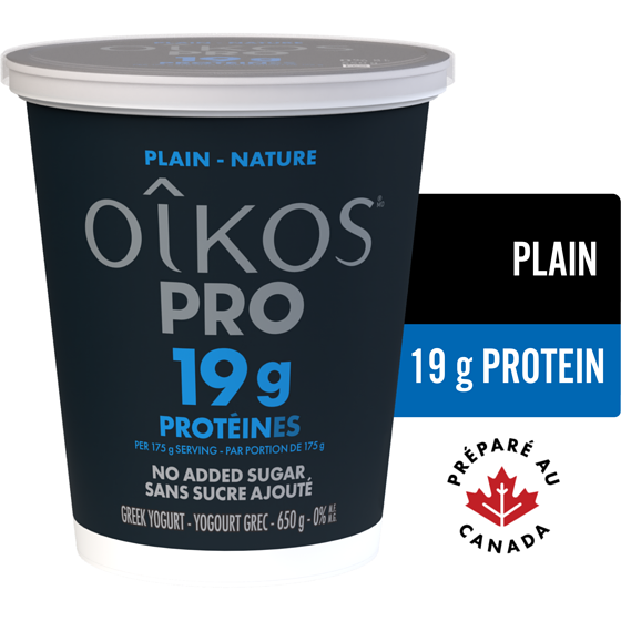 Oikos PRO High Protein Greek Yogurt, Plain, 19g protein 650 g, $1.35/100g