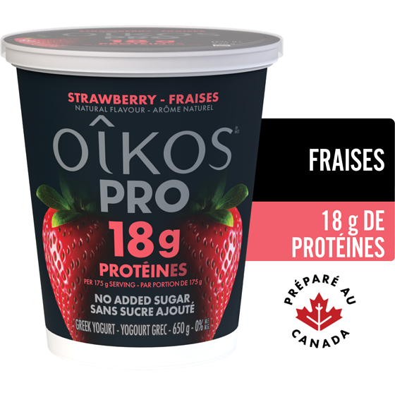 Oikos Pro yogourt grec protéiné, teneur élevée en protéines, fraises 650 g, 1,15 $/100g