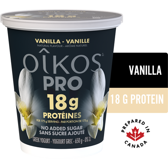 Oikos PRO High Protein Yogurt, Vanilla, 18g protein 650 g, $1.31/100g