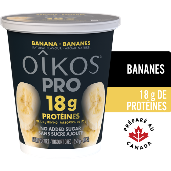 Oikos Pro yogourt grec protéiné, teneur élevée en protéines, bananes 650 g, 1,15 $/100g