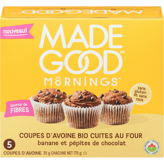 Made Good Mornings Coupes D'avoine Bio Cuites Au Four Banane et Pépites de Chocolat 5 Coupes 175 g, 4,17 $/100g