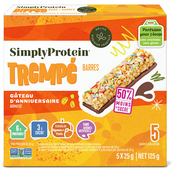 Simply Protein Barre trempée gâteau d'anniversaire paquet de 5 sans gluten 125 g, 5,59 $/100g