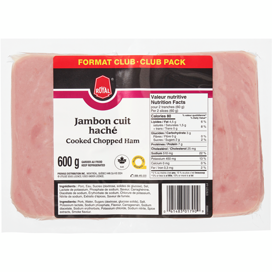 Royal Jambon cuit haché en tranches, format club 600 g, 1,17 $/100g