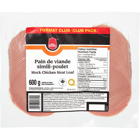 Royal Pain de viande au simili-poulet, format club 600 g, 1,17 $/100g