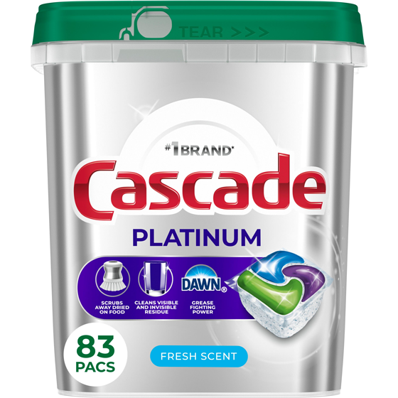 Cascade Capsules pour lave-vaisselle Platinum, détergent pour lave-vaisselle, savon détergent pour vaisselle, parfum Frais, 83 unités 83 ea, 0,33 $/1ch