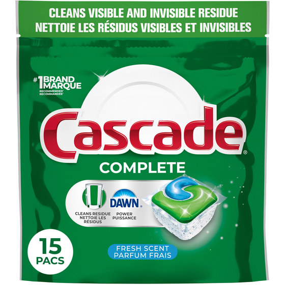 Cascade Complete Dishwasher Pods, Dishwasher Detergent, Dish Detergent Soap, Fresh, 15 count 15 ea, $0.67/1ea