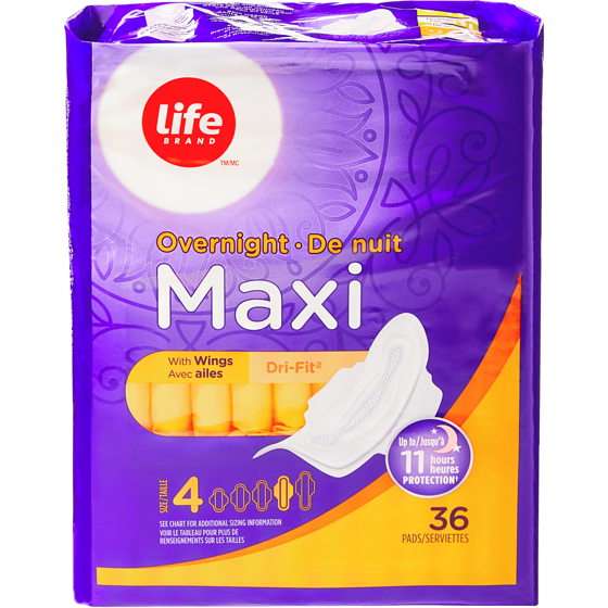 Life Brand Overnight Maxi Pads 36 Pack 36 ea, $0.18/1ea