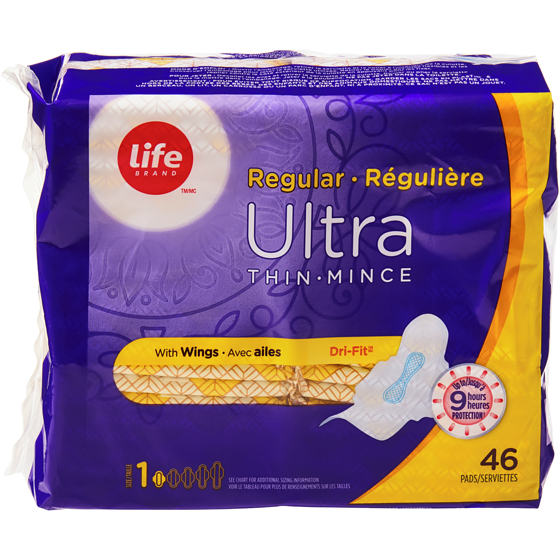 Life Serviettes régulières ultra minces, emballage de 46 46 ea, 0,13 $/1ch
