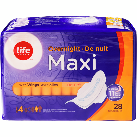 Life Maxi serviettes hygiéniques avec ailettes, paquet de 28 28 ea, 0,21 $/1ch