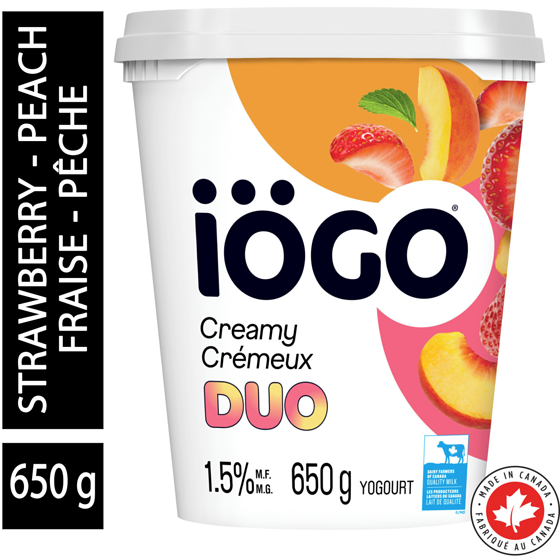 IOGO Duo Strawberry-Peach Yogurt Tub 1.5% 650 g, $0.74/100g