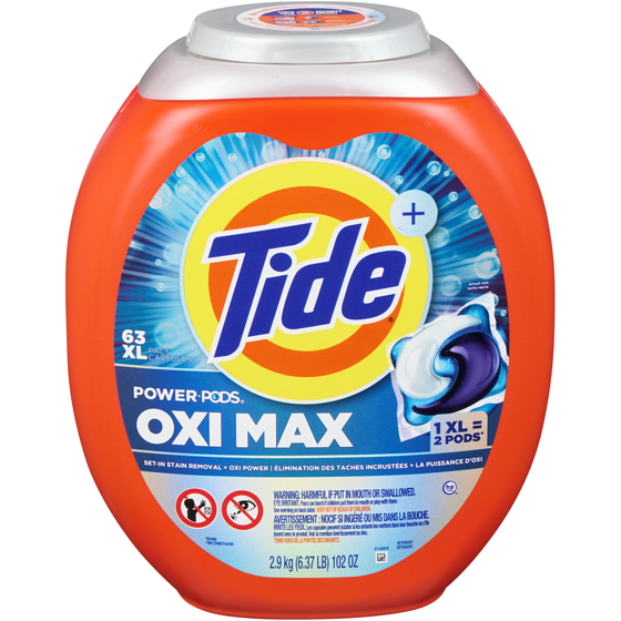 Tide Oxi Max Power PODS Laundry Detergent Pods, 63 Count, Stain Remover Plus Oxi Power 63 ea, $0.52/1ea