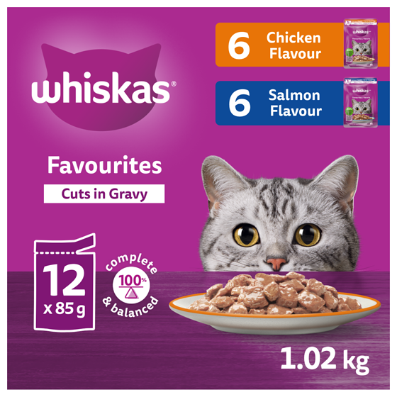 Whiskas Favourites Adult Wet Cat Food Cuts In Gravy Chicken & Salmon Pouch Variety Pack 12x85.0 g, $1.08/100g
