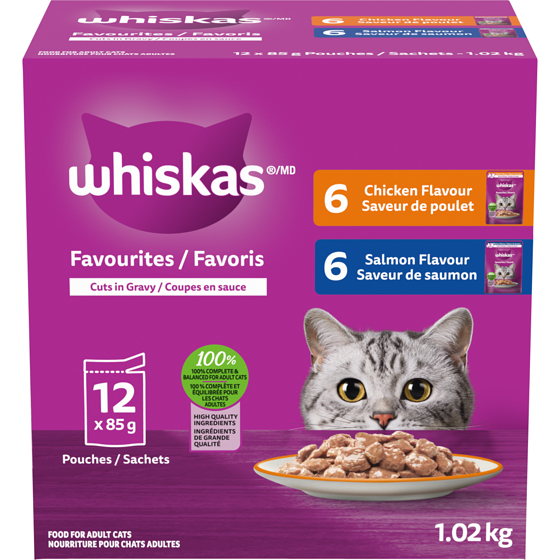 Whiskas Nourriture humide pour chats adultes Favoris coupes en sauce en format variété – saveur de poulet et de saumon 12x85.0 g, 1,08 $/100g