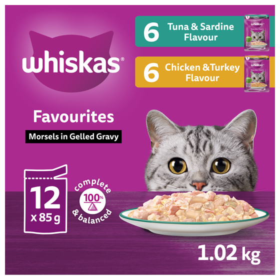 Whiskas Favourites Adult Wet Cat Food Morsels In Gelled Gravy Tuna & Sardine and Chicken & Turkey Pouch Variety Pack 12x85.0 g, $1.08/100g