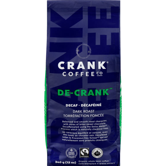 Crank Coffee Co. Organic Whole Bean Coffee De-Crank Decaf Dark Roast 340 g, $5.59/100g