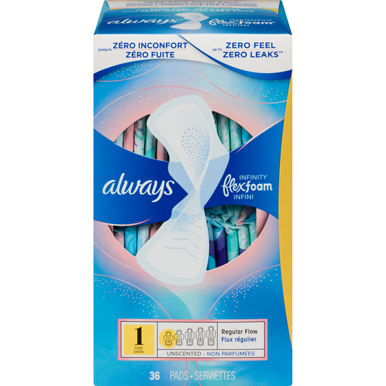 Always Serviettes féminines Infini pour femmes, serviettes avec ailes Flexfoam, taille 1, degré d’absorption régulier, non parfumées, 36 serviettes 36 ea, 0,36 $/1ch