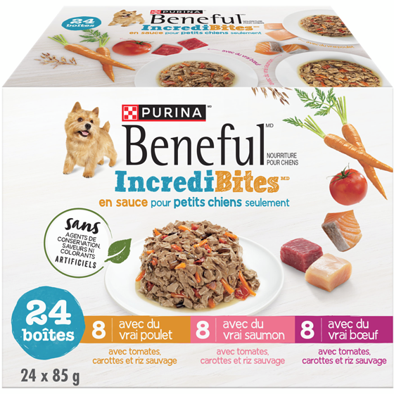 Beneful Beneful incredibites emballage assorti vrais poulet, saumon et bœuf en sauce (24 unités), nourriture humide pour chiens 2.04 kg, 1,47 $/100g