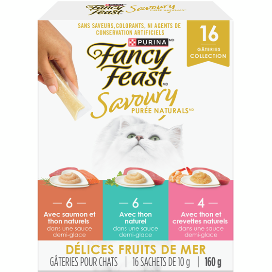 Purina Fancy Feast savoury purée naturals emballage assorti favoris aux fruits de mer, gâteries pour chats 160 g, 7,18 $/100g