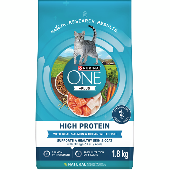 Purina ONE +Plus High Protein Salmon & Ocean Whitefish Formula, Dry Cat Food 1.8 kg, $0.86/100g