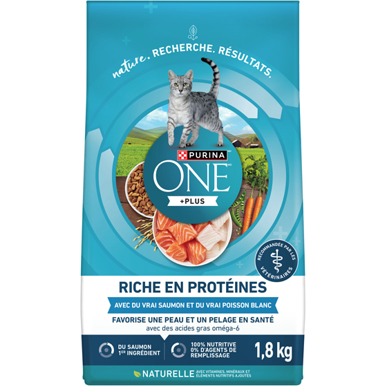 Purina ONE +plus formule au saumon et poisson de mer blanc à teneur élevée en protéines, nourriture sèche pour chats 1.8 kg, 0,86 $/100g