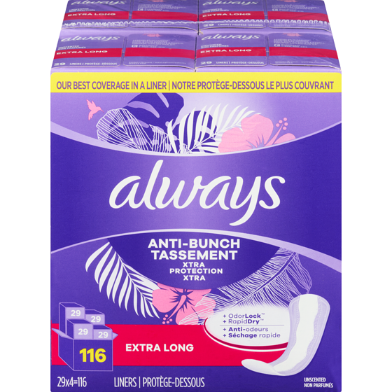 Always Protège-dessous quotidiens Anti-tassement Protection Xtra, extra longs, non parfumés, 116 protège-dessous 116 ea, 0,14 $/1ch