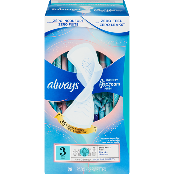 Always Infinity Feminine Pads for Women, Flexfoam Pads with Wings, Size 3, Extra Heavy Absorbency, Unscented, 28 CT 28 ea, $0.50/1ea
