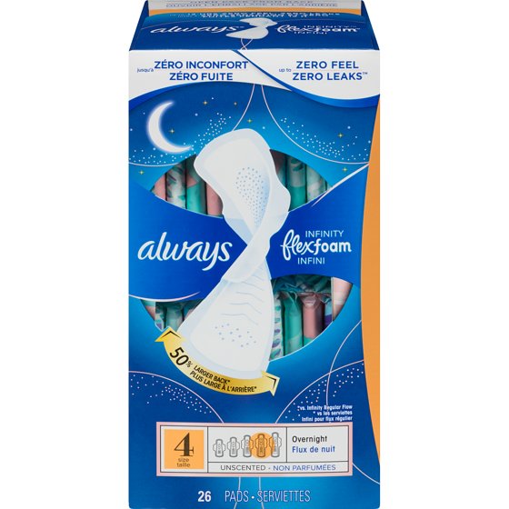 Always Serviettes féminines Infini pour femmes, serviettes avec ailes Flexfoam, taille 4, degré d’absorption de nuit, non parfumées, 26 serviettes 26 ea, 0,50 $/1ch
