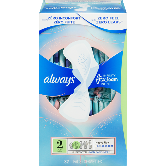 Always Infinity Feminine Pads for Women, Flexfoam Pads with Wings, Size 2, Heavy Absorbency, Unscented, 32 CT 32 ea, $0.44/1ea