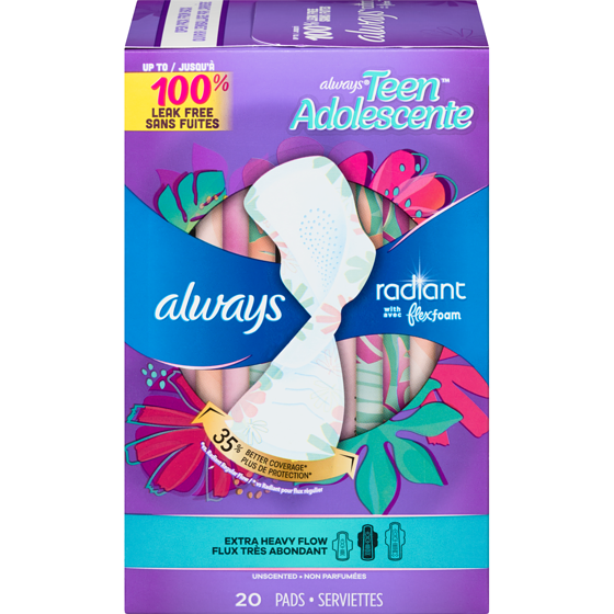Always Serviettes Radiant, flux très abondant, avec ailes, pour adolescentes, taille 3, non parfumées, 20 serviettes 20 ea, 0,65 $/1ch