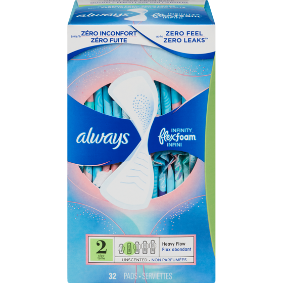 Always Serviettes féminines Infini pour femmes, serviettes Flexfoam, taille 2, degré d’absorption pour flux abondant, non parfumées, 32 serviettes 32 ea, 0,41 $/1ch