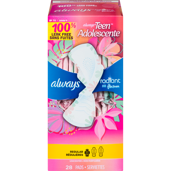 Always Serviettes Radiant, flux régulier, avec ailes, pour adolescentes, taille 1, non parfumées, 28 serviettes 28 ea, 0,46 $/1ch