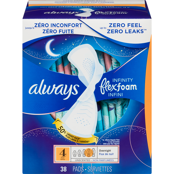 Always Infinity Flexfoam Pads, Overnight Size 4 Unscented, 38-Count 38 ea, $0.45/1ea