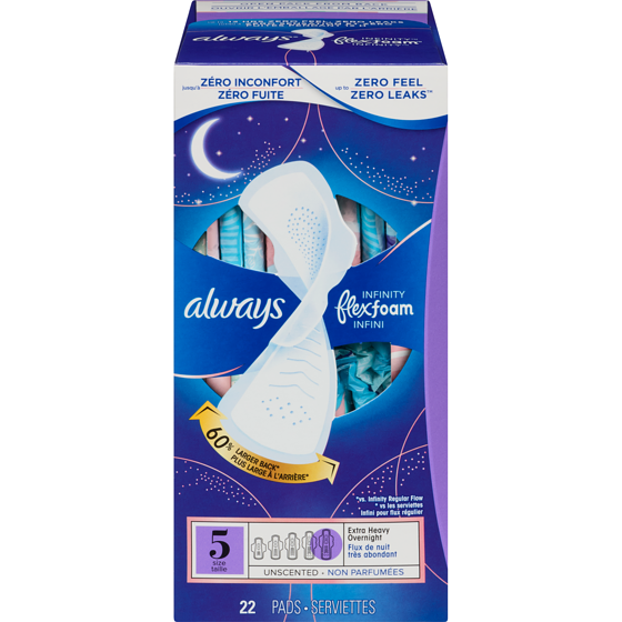 Always Serviettes féminines Infini pour femmes, serviettes avec ailes Flexfoam, taille 5, degré d’absorption de nuit, flux très abondant, non parfumées, 22 serviettes 22 ea, 0,59 $/1ch