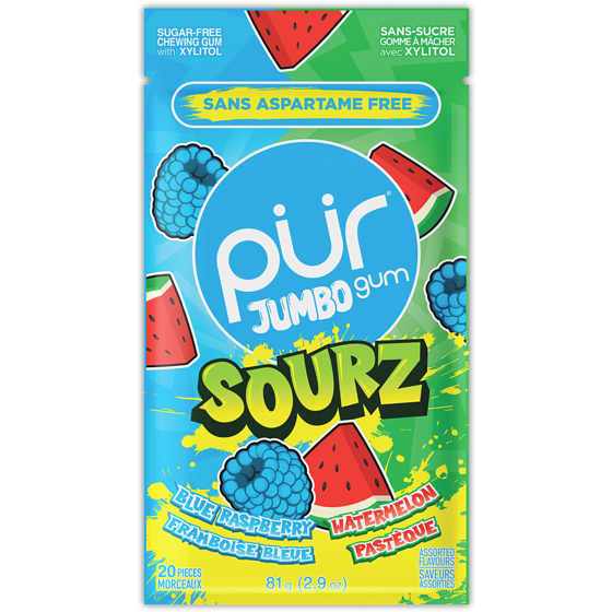 Pur Gum Jumbo SOURZ Gum, Aspartame Free, Natural Flavour, Sour Blue Raspberry, Sour Watermelon 81 g, $5.91/100g
