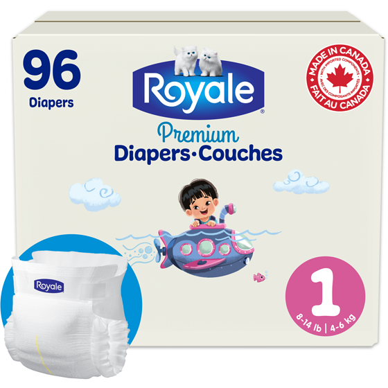 Royale Couches Premium , Très grand format, Taille 1 - 96 couches, Couches jetables pour bébé 96 ea, 0,21 $/1ch