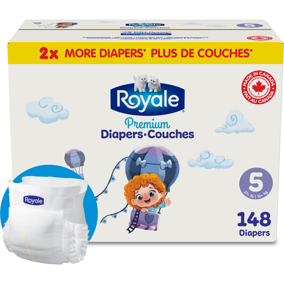 Royale Couches Premium, Taille 5 - 148 couches, Couches jetables pour bébé 148 ea, 0,34 $/1ch