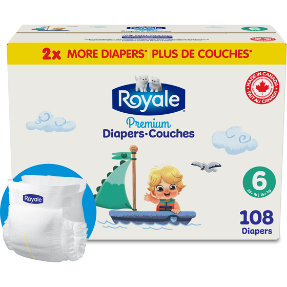 Royale Couches Premium, Taille 6 - 108 couches, Couches jetables pour bébé 108 ea, 0,46 $/1ch
