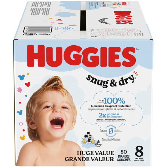 Huggies Couches pour bébés Snug & Dry, taille 8, 80 couches 80 ea, 0,44 $/1ch
