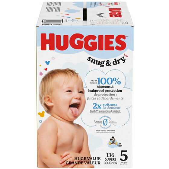 Huggies Couches pour bébés Snug & Dry, taille 5, 136 couches 136 ea, 0,26 $/1ch