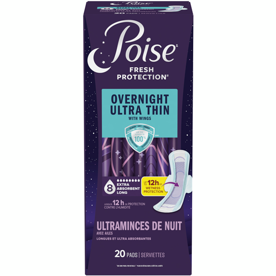 Poise Serviettes de nuit avec ailes ultraminces d’incontinence et d’incontinence en période post-partum pour fuites urinaires, degré d’absorption suprême à 8 gouttes, version longue, 20 unités 20 ea, 1,00 $/1ch